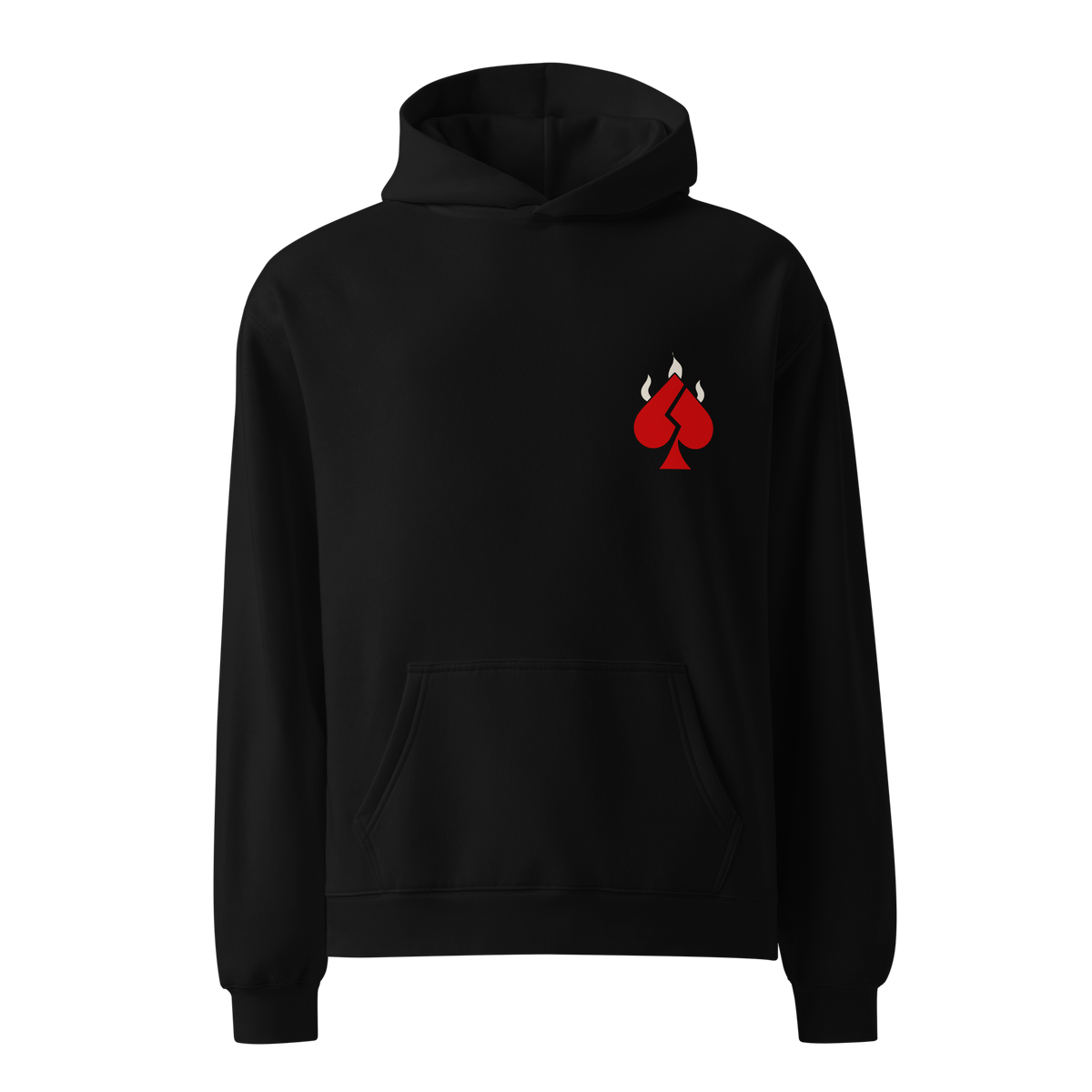 Hot Run black relaxed hoodie — front with red Broken Ace and off-white flame chest print
