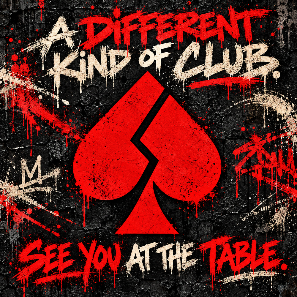 Bad Beat Basement graffiti: A different kind of club. See you at the table. Red Broken Ace logo in the centre.