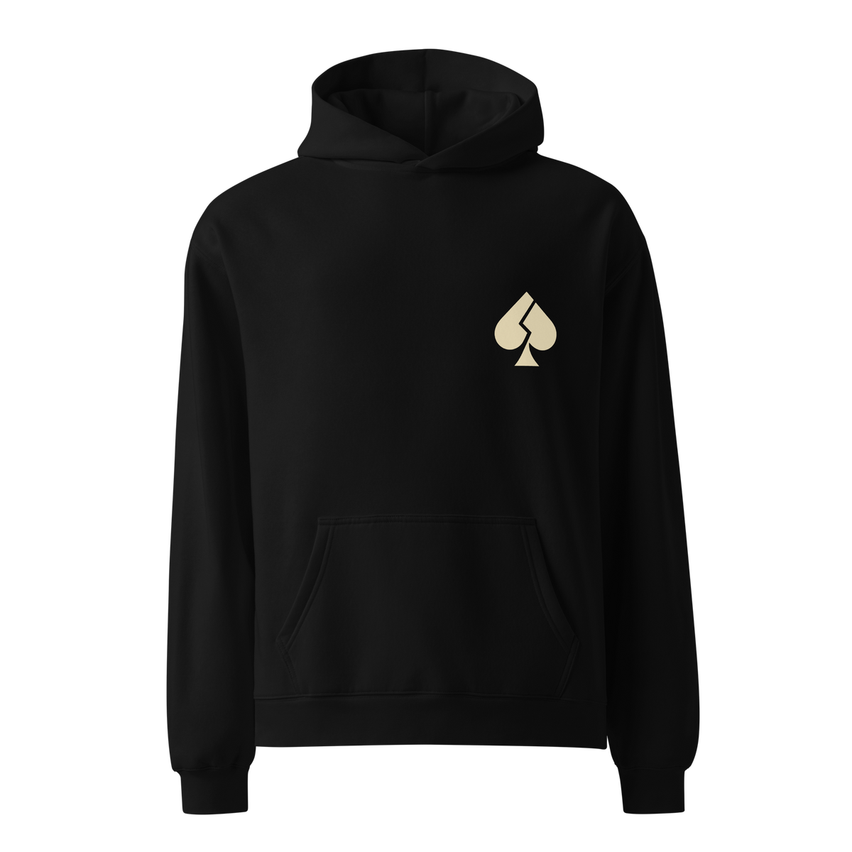 Fold Call All-in black relaxed hoodie — front with cream Broken Ace chest print